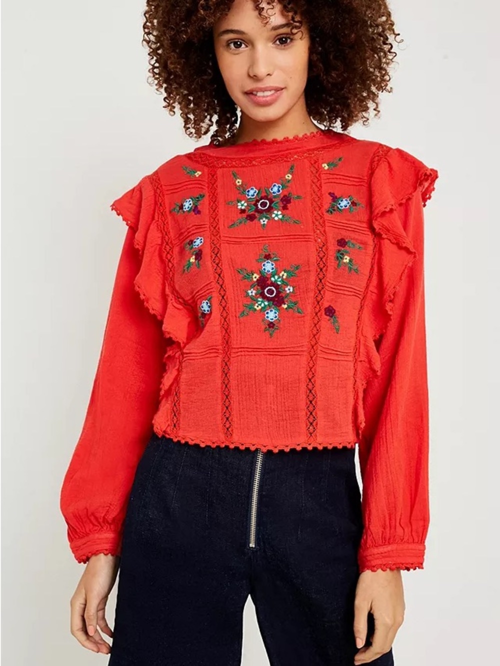 Free people Amy red floral embroidered long sleeve blouse top